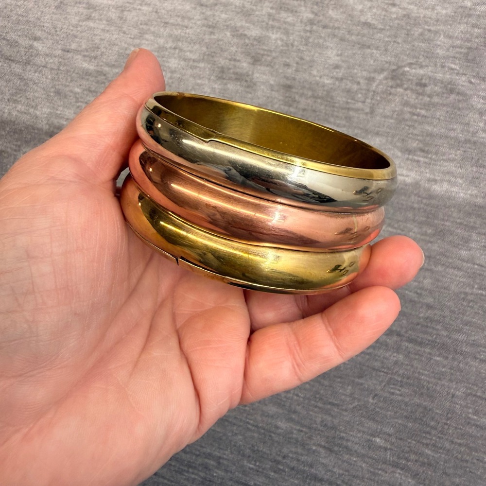 VTG Tri Color Mixed Metal Wide Bangle Bracelet Gold Copper Silver‎ Tone